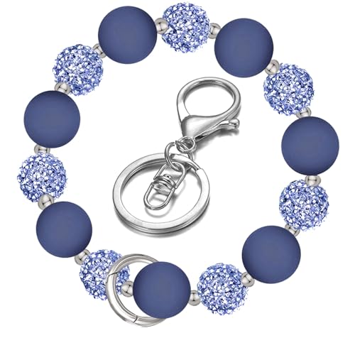 M-Plateau Wristlet Keychain, Silicone Beaded Wrist keychain with Key Ring for Women, Elastic Keychain Bracelet (Navy Silver) - Image 1