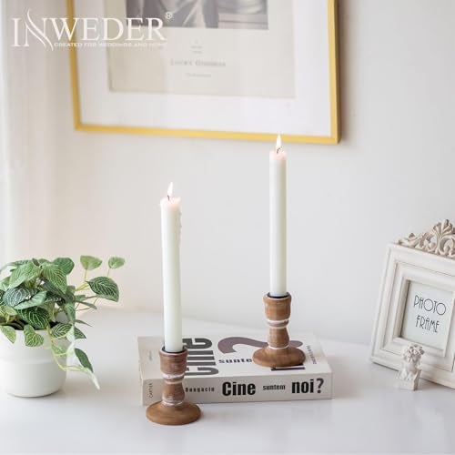 Inweder Wooden Taper Candle Holders: Wood Candlestick Holders Rustic Farmhouse Fall Decor for Living Room Dinning Table Centerpiece Christmas Set of 2 - Image 5