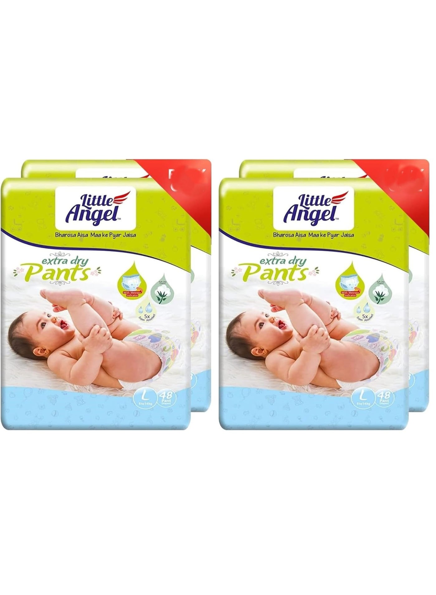 Little Angel Extra Dry Baby Pants Diaper, Large (L) Size, 192 Count, Super Absorbent Core Up to 12 Hrs Protection & Wetness Indicator, 8-14kg (48 count/pack, Pack of 4)