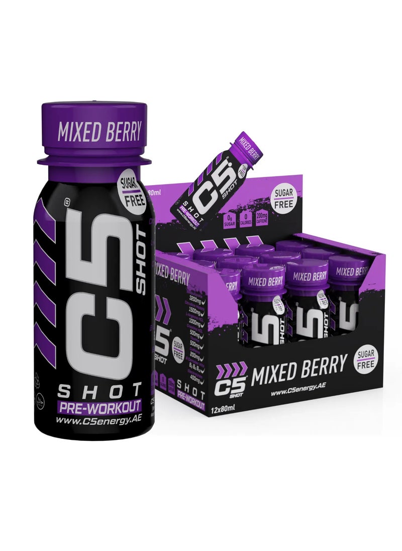 C5 Energy - C5 SHOT Pre-Workout Drink | 80ml Liquid Energy Shot | 200mg Caffeine, Beta-Alanine, Creatine, Citrulline | Sugar Free | Zero Calories (Pack of 12, Mixed Berry) - Image 1
