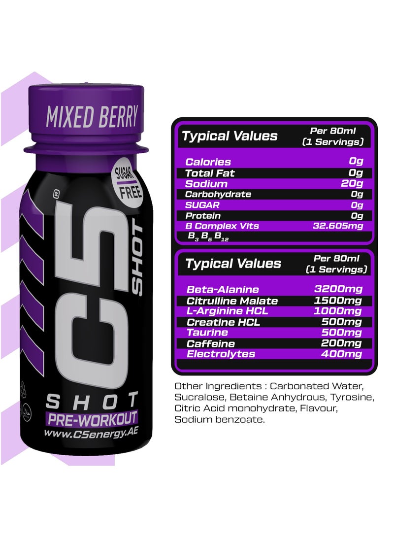 C5 Energy - C5 SHOT Pre-Workout Drink | 80ml Liquid Energy Shot | 200mg Caffeine, Beta-Alanine, Creatine, Citrulline | Sugar Free | Zero Calories (Pack of 12, Mixed Berry) - Image 1