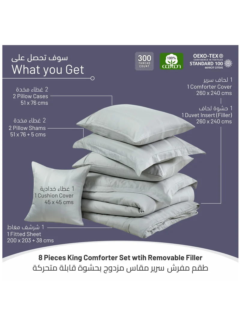 Donetella 8 Piece Hotel Style Comforter Cotton 300 Thread Count Damask Stripes King Size Grey
