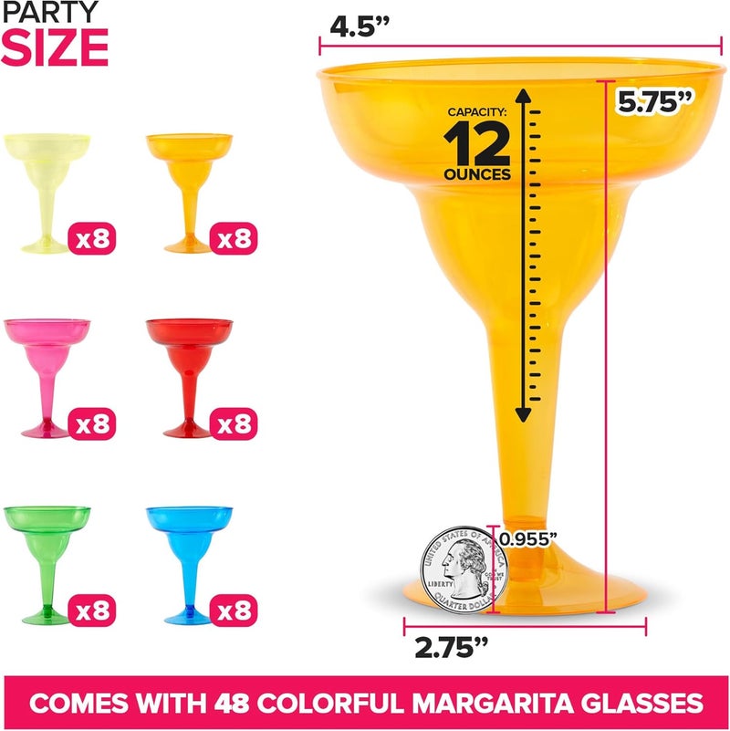 Stock Your Home Multicolor Plastic Margarita Glasses Disposable (Set of 48) Decorations for Cinco de Mayo Parties, Colorful Cocktail Cups for Tropical Party Supplies - Large 12 oz Hurricane Glasses - Image 2