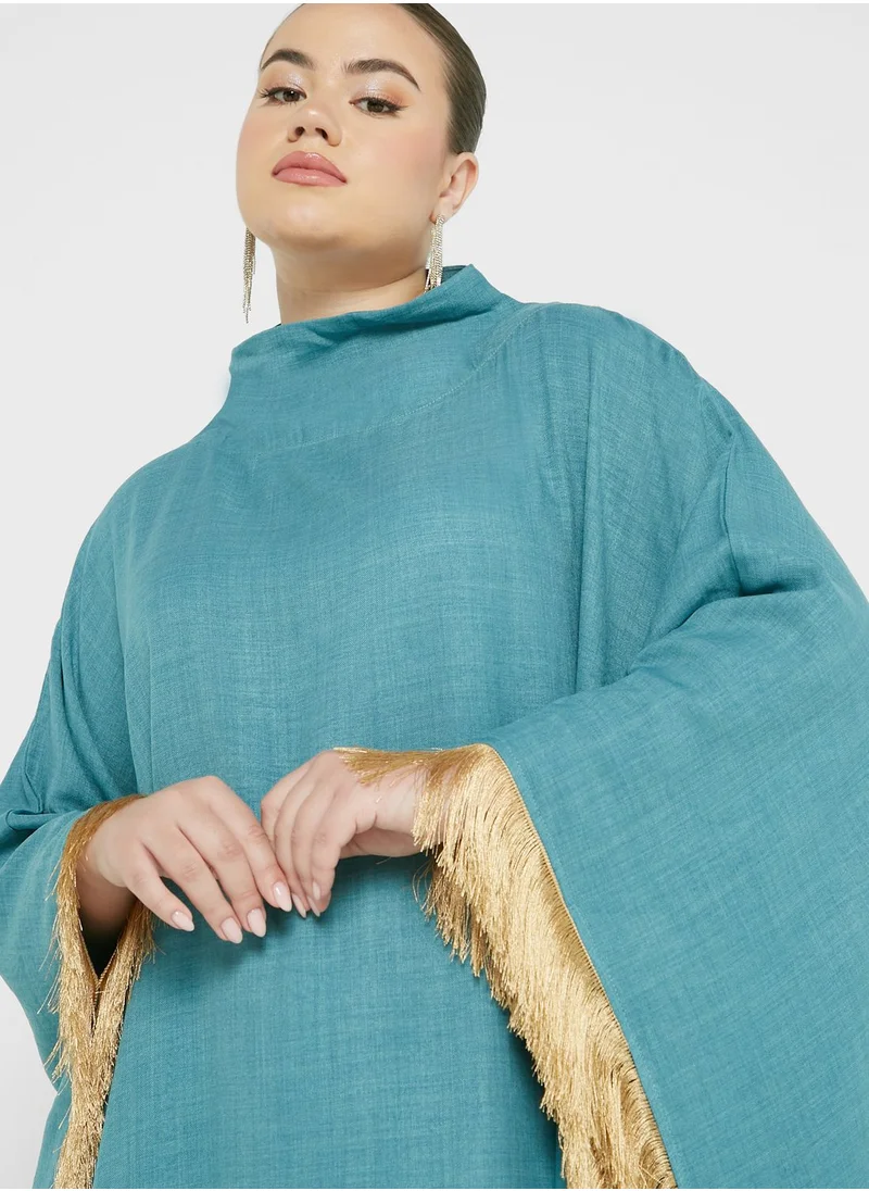 Hayas Closet Curve Cape Sleeve Fringe Hem Abaya