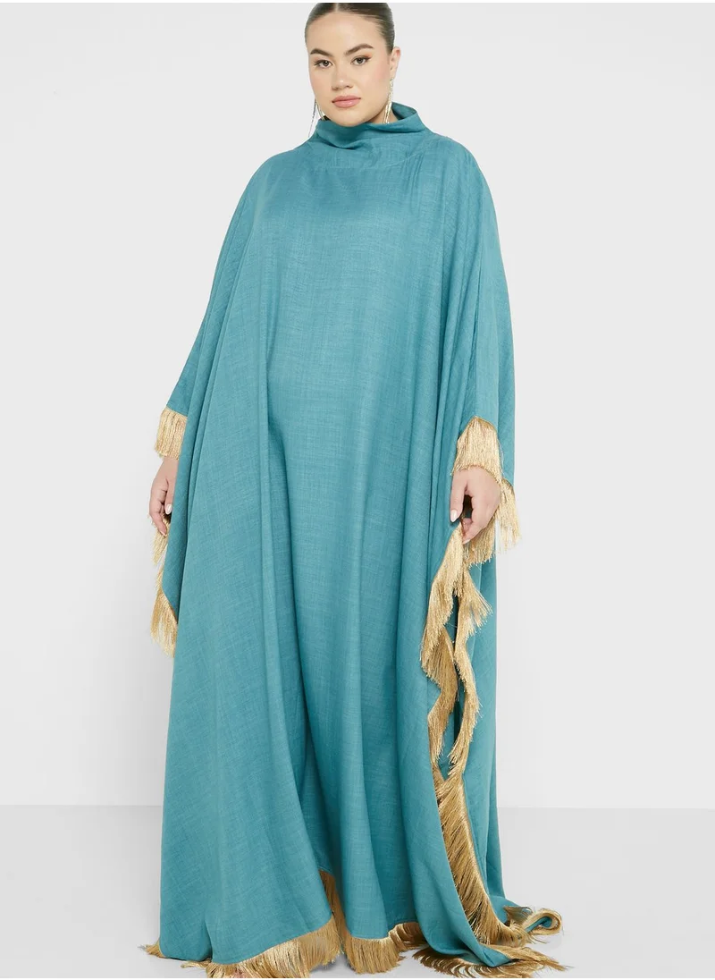 Hayas Closet Curve Cape Sleeve Fringe Hem Abaya