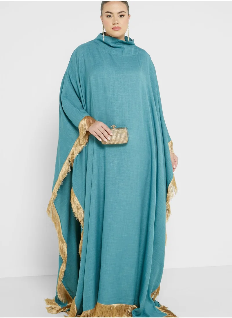 Hayas Closet Curve Cape Sleeve Fringe Hem Abaya