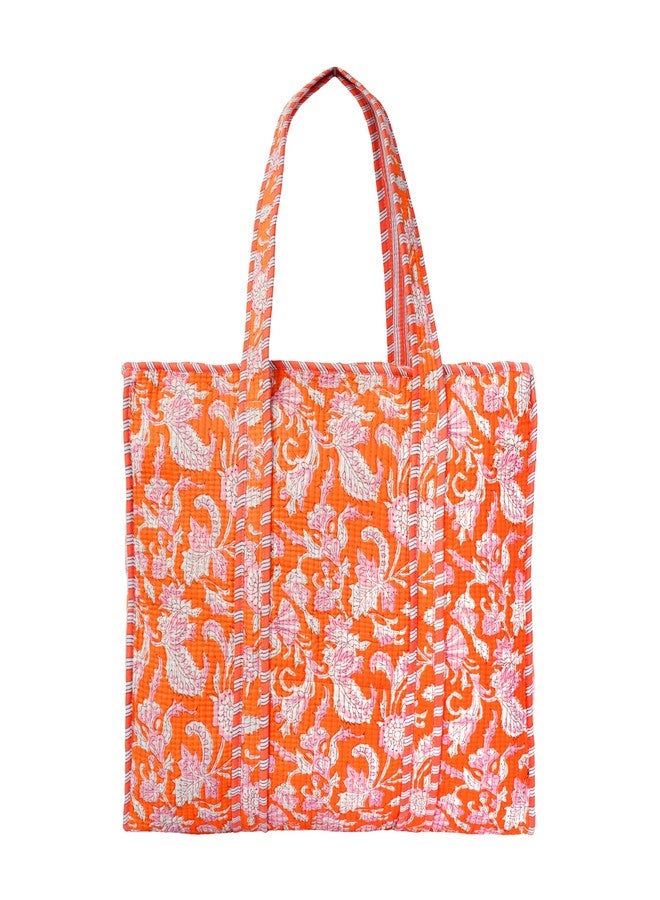 SENORA Quilted Cotton Tote Bag for Women | Jaipuri Hand Block Print Shoulder Handbag | Eco-Friendly Reusable Luxury Handbag for Women (Orange) - Image 5