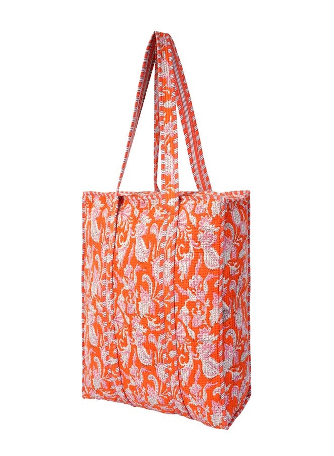 SENORA Quilted Cotton Tote Bag for Women | Jaipuri Hand Block Print Shoulder Handbag | Eco-Friendly Reusable Luxury Handbag for Women (Orange) - Image 4