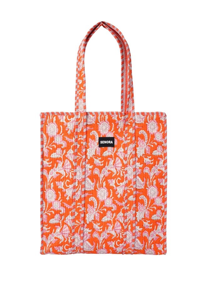 SENORA Quilted Cotton Tote Bag for Women | Jaipuri Hand Block Print Shoulder Handbag | Eco-Friendly Reusable Luxury Handbag for Women (Orange) - Image 1
