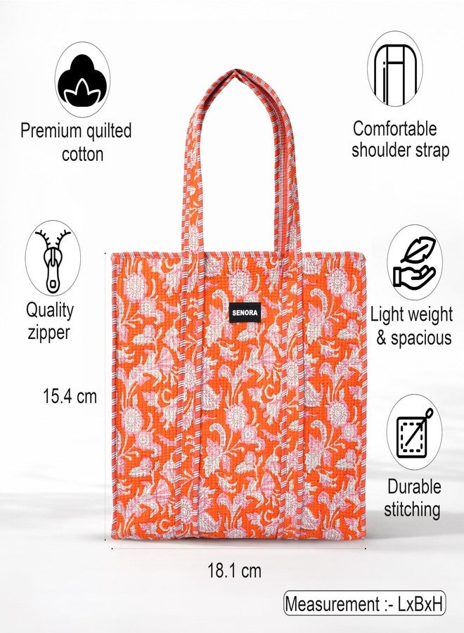 SENORA Quilted Cotton Tote Bag for Women | Jaipuri Hand Block Print Shoulder Handbag | Eco-Friendly Reusable Luxury Handbag for Women (Orange) - Image 3