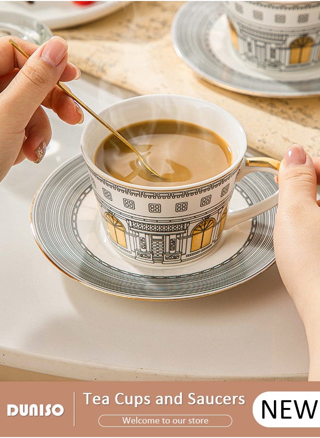 DUNISO Ceramic Tea Cups and Saucers,  Glazed Tea Mugs,  Latte Cups and Espresso Mug for Coffee Drinks and Tea, Kitchen and Living Room Saucers Set,Ceramic Coffee Cup for Office and Home  - Image 1