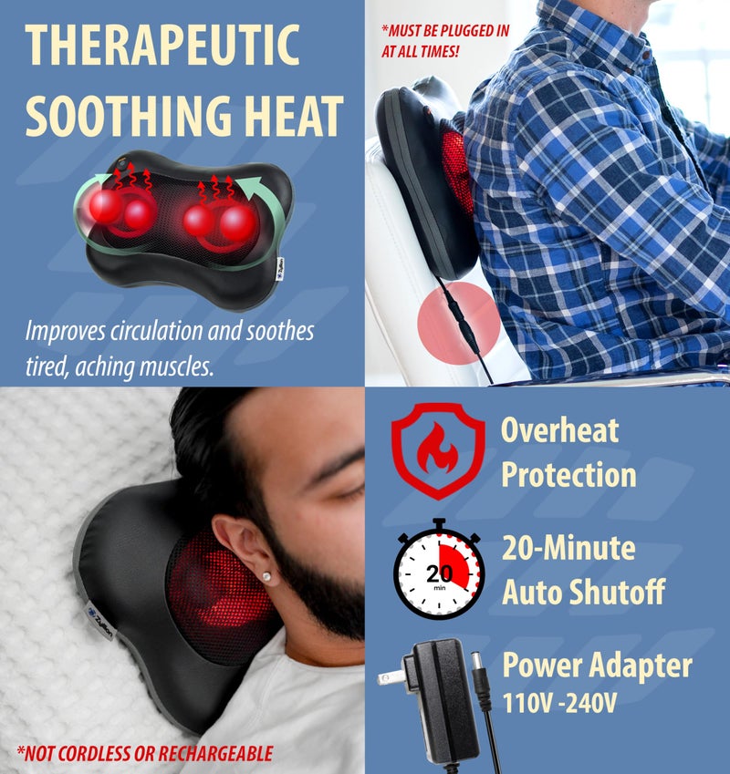 Zyllion Shiatsu Back and Neck Massager with Heat - 3D Electric Kneading Deep Tissue Massage Pillow for Muscle Pain Relief, Black, ZMA-13 - Image 4
