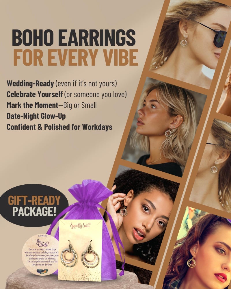 SPUNKYsoul 3 Circle Boho Earrings - Handmade, Lightweight 2-Inch Bohemian Dangle Earrings for Women - Trendy, Vintage, Unique Jewelry - Ideal for Weddings & Gifting (Gold, Silver, Copper) - Image 5
