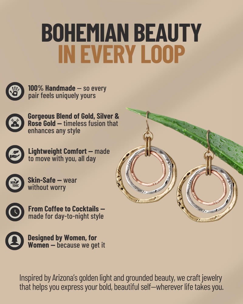 SPUNKYsoul 3 Circle Boho Earrings - Handmade, Lightweight 2-Inch Bohemian Dangle Earrings for Women - Trendy, Vintage, Unique Jewelry - Ideal for Weddings & Gifting (Gold, Silver, Copper) - Image 4