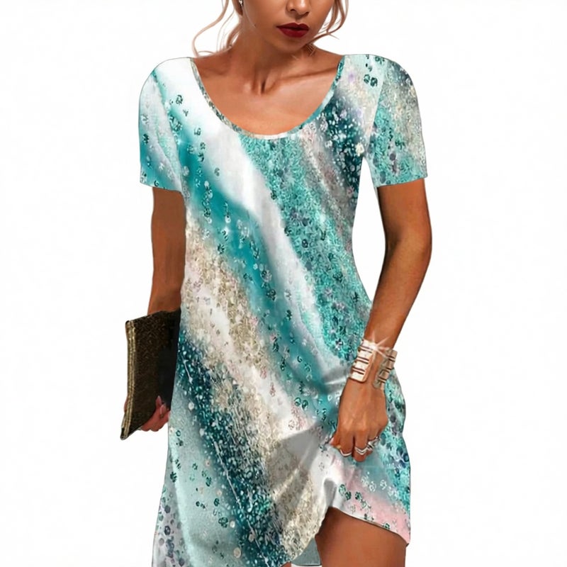 Abstract Print Loose Round Neck Short Sleeve Dress - Image 2