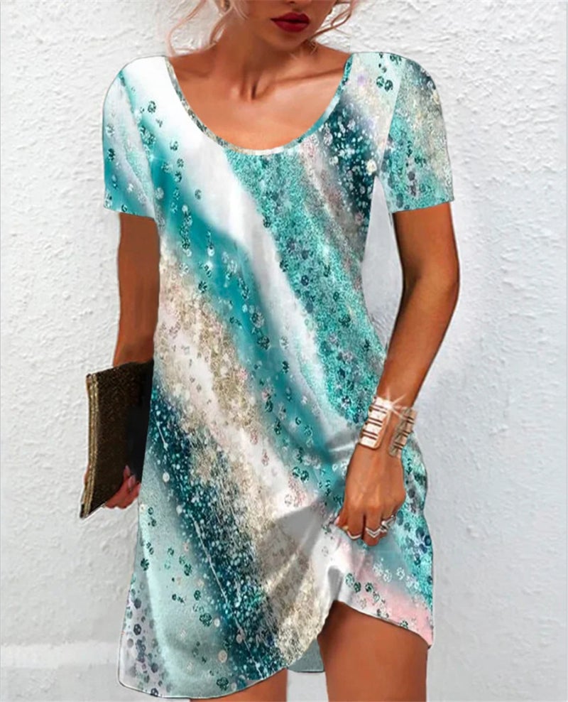 Abstract Print Loose Round Neck Short Sleeve Dress - Image 3