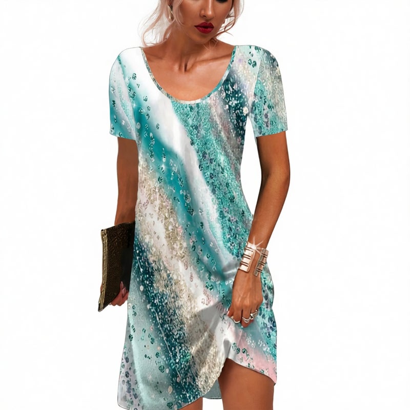Abstract Print Loose Round Neck Short Sleeve Dress - Image 1