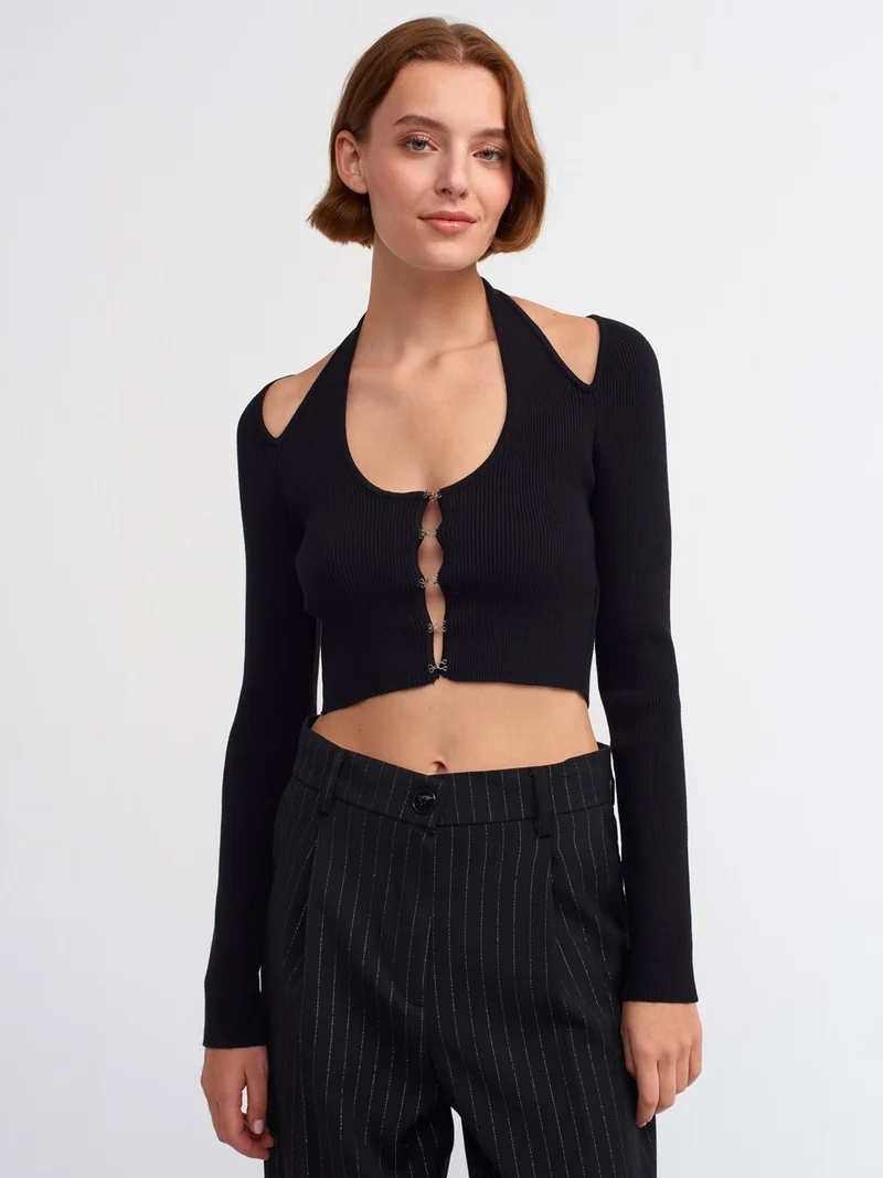 Dilvin 60188 Italian Knitted Cardigan with Front Sleeve Slings-Black