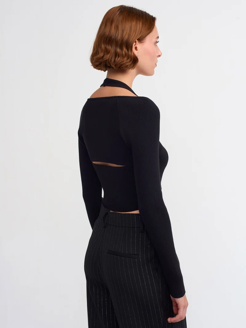 Dilvin 60188 Italian Knitted Cardigan with Front Sleeve Slings-Black
