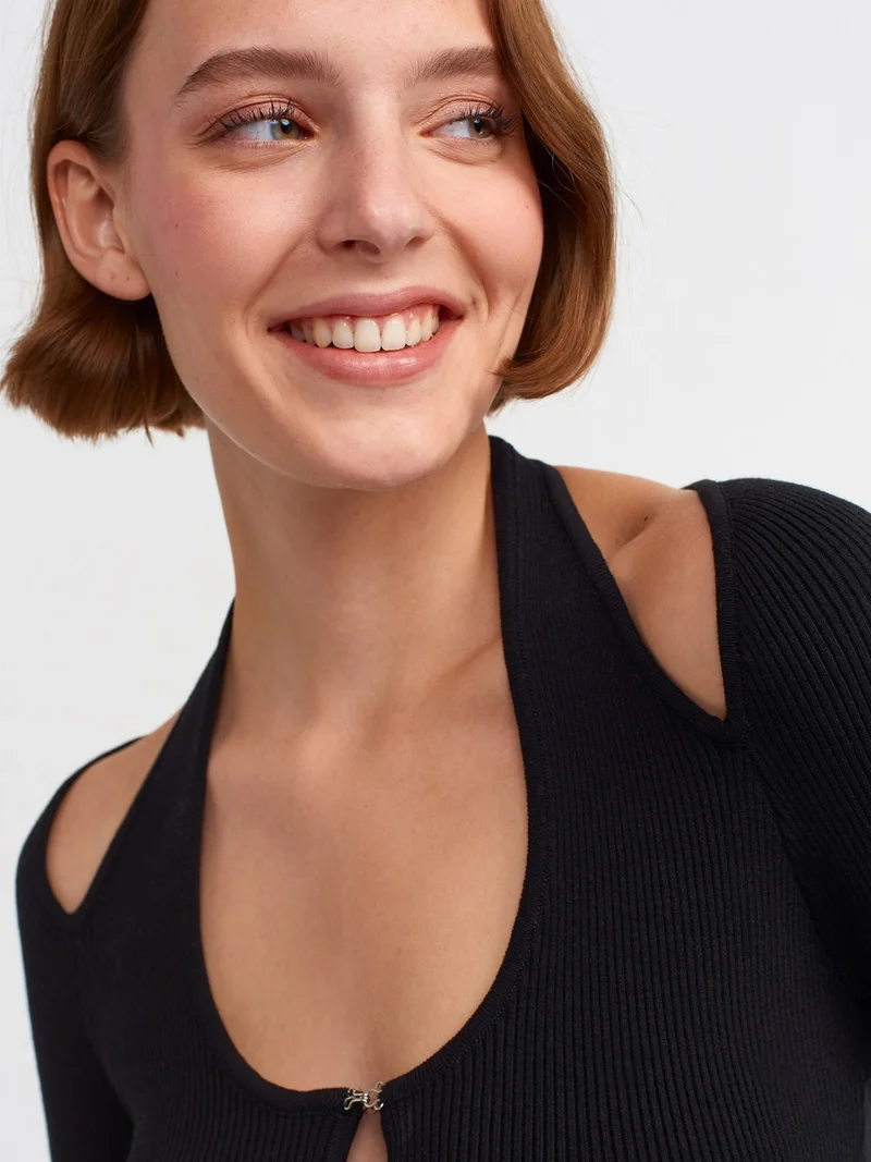 Dilvin 60188 Italian Knitted Cardigan with Front Sleeve Slings-Black