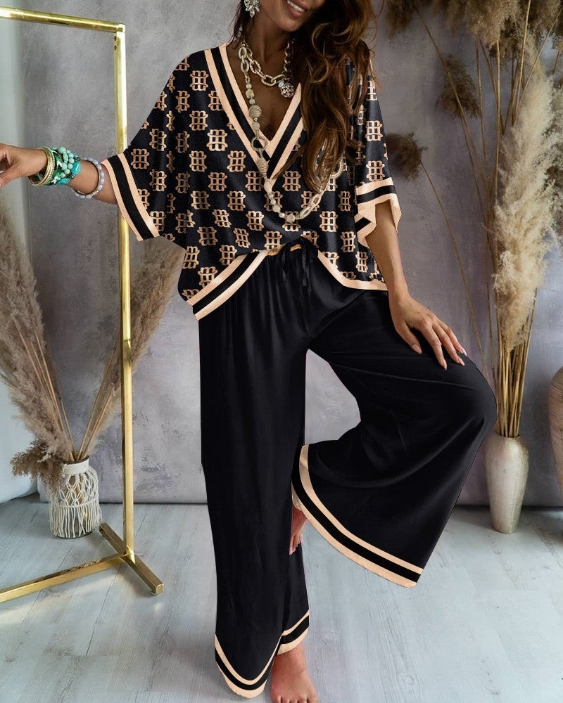 Euro-American New Print Batwing Top and Wide-Leg Pants Set Apricot - Image 2