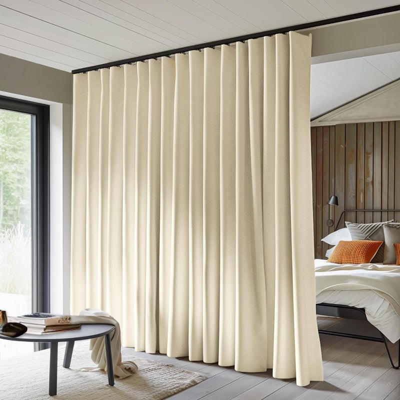 MaKefeile Room Divider Curtains Total Blackout Privacy Curtain Panel Room Thermal Insulated Noise Reduction Curtain for Bedroom Window Living Room Ceiling Track Curtain W 12.5ft ? H 8ft Beige - Image 1