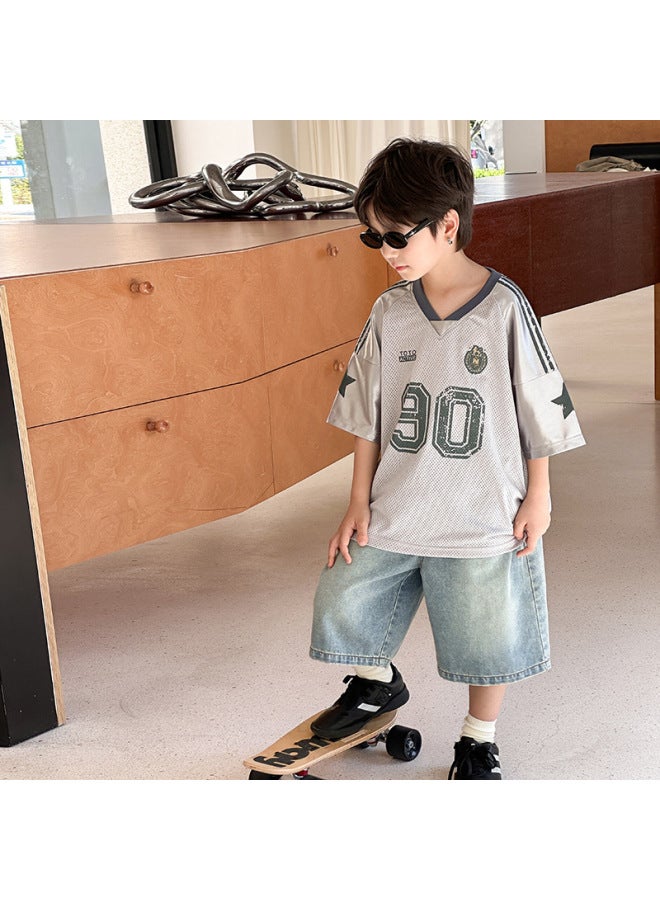 Children's Handsome Stitching Letter T-shirt Boys 2025 Summer Mesh Breathable Basketball Suit V-neck Top Trendy - Image 2