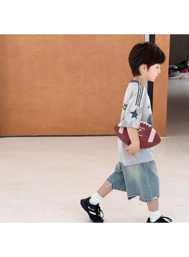 Children's Handsome Stitching Letter T-shirt Boys 2025 Summer Mesh Breathable Basketball Suit V-neck Top Trendy - Image 3