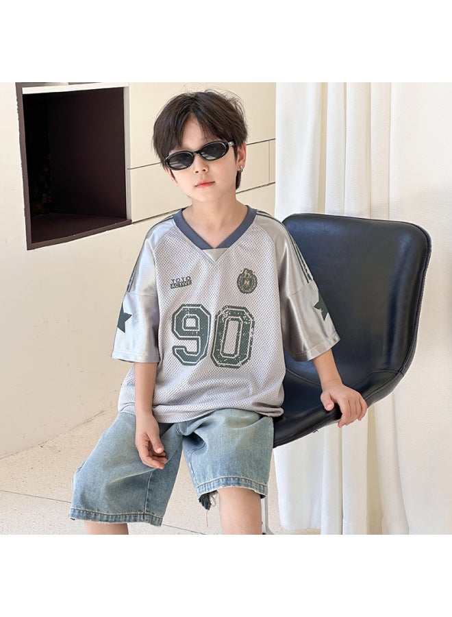Children's Handsome Stitching Letter T-shirt Boys 2025 Summer Mesh Breathable Basketball Suit V-neck Top Trendy - Image 1