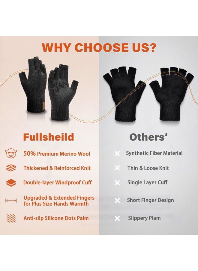 Fullsheild Merino Wool Fingerless Gloves for Men Women Half Finger Knit Gloves Unisex Anti-Slip Wool Fingerless Mittens, Black, S-M - Image 5