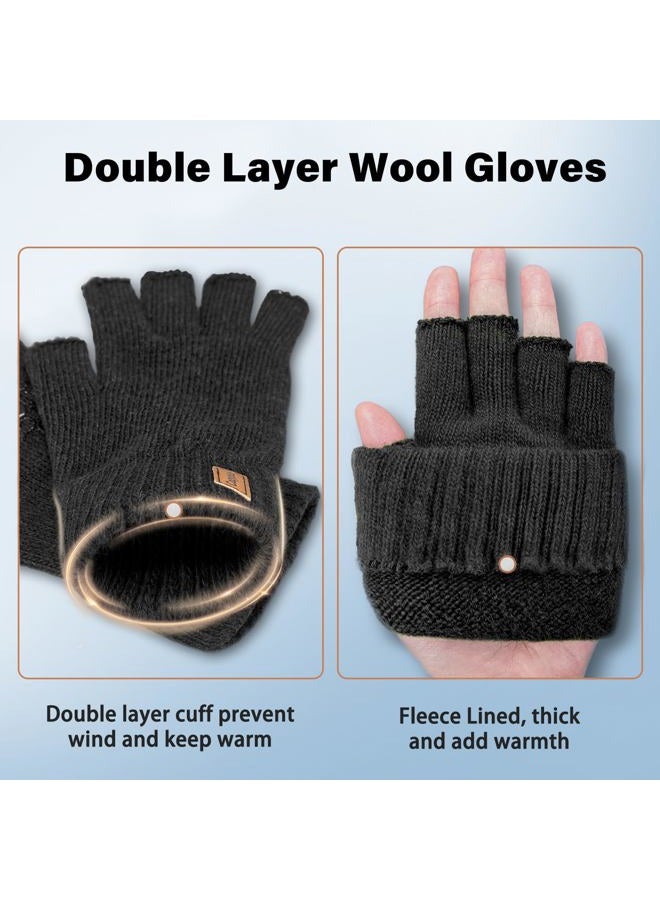Fullsheild Merino Wool Fingerless Gloves for Men Women Half Finger Knit Gloves Unisex Anti-Slip Wool Fingerless Mittens, Black, S-M - Image 2