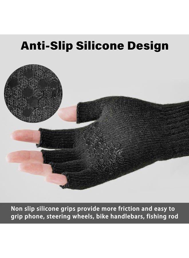 Fullsheild Merino Wool Fingerless Gloves for Men Women Half Finger Knit Gloves Unisex Anti-Slip Wool Fingerless Mittens, Black, S-M - Image 3