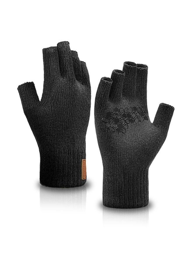 Fullsheild Merino Wool Fingerless Gloves for Men Women Half Finger Knit Gloves Unisex Anti-Slip Wool Fingerless Mittens, Black, S-M - Image 1