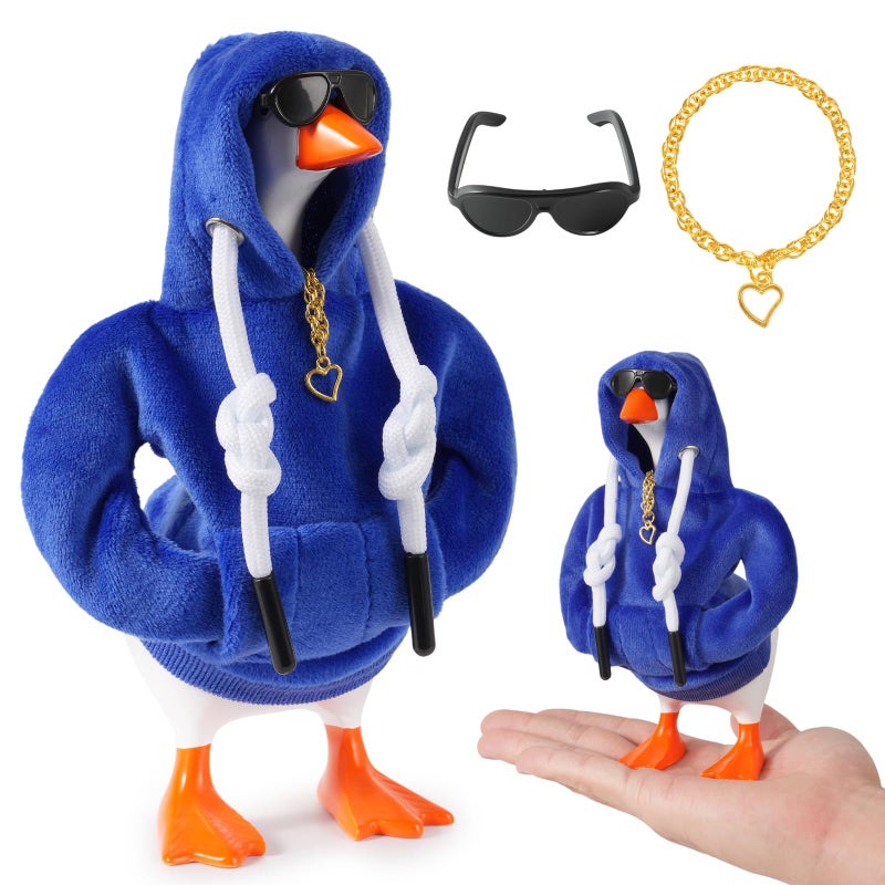 linastu 6 Set 7inch Desk Goose Outfits, Mini Desktop Goose Clothes Desk Goose Accessories Set for Magnetic Goose Statue ( Dark Blue Hoodie+ Sunglasses+ Necklace ) - Image 1