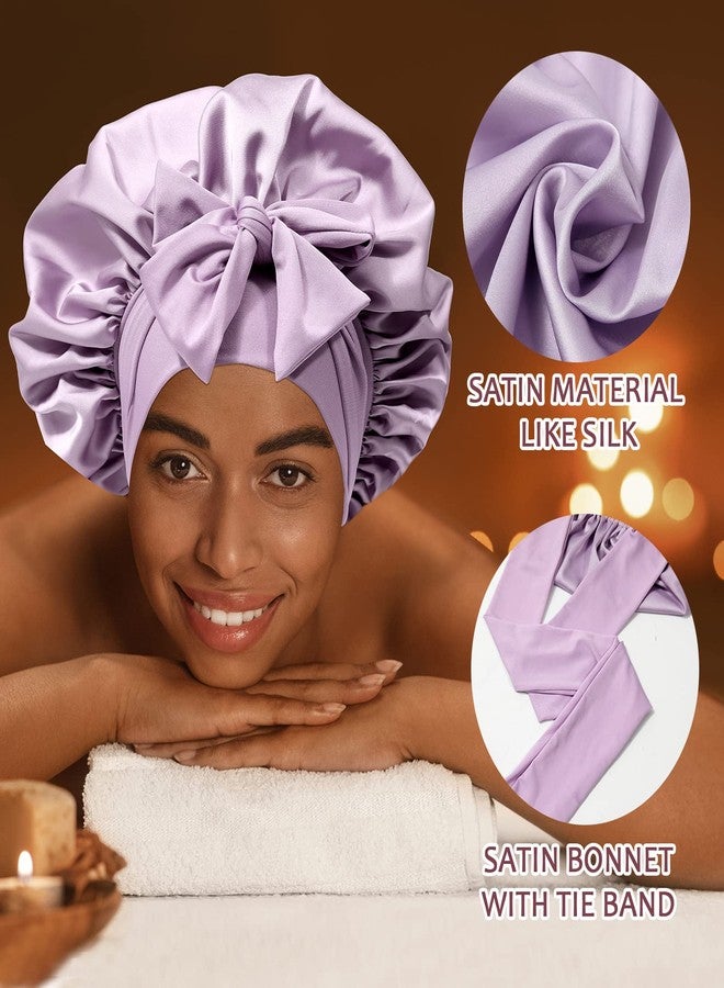 AWAYTR Satin Hair Bonnet Wide Band - Silk Like Sleeping Bonnets for Curly Hair Hair Wrap for Night Cap with Tie Band Breathable Satin Bonnet for Women and Girls (Purple) - Image 2