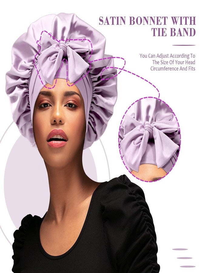 AWAYTR Satin Hair Bonnet Wide Band - Silk Like Sleeping Bonnets for Curly Hair Hair Wrap for Night Cap with Tie Band Breathable Satin Bonnet for Women and Girls (Purple) - Image 3