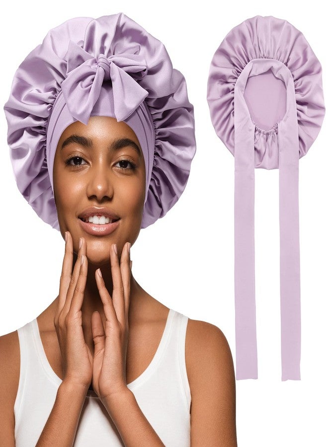 AWAYTR Satin Hair Bonnet Wide Band - Silk Like Sleeping Bonnets for Curly Hair Hair Wrap for Night Cap with Tie Band Breathable Satin Bonnet for Women and Girls (Purple) - Image 1