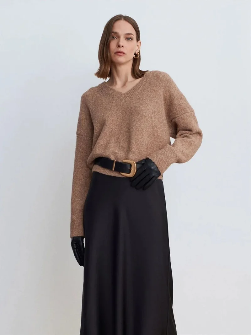 ديلفين Dilvin Women's V-neck Ribbed Knit Sweater