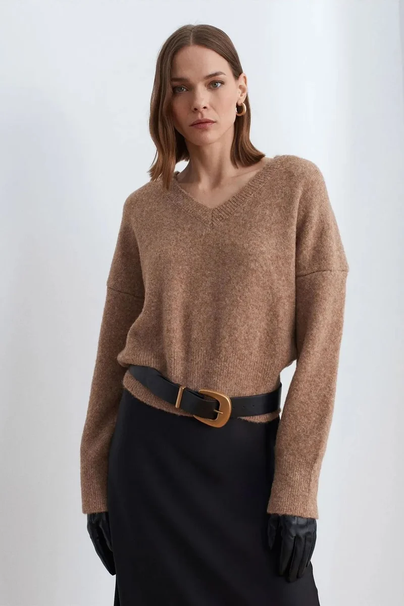 Dilvin Camel Brown DILVIN Women's V-neck Ribbed Knit Sweater for Women | Best Price UAE