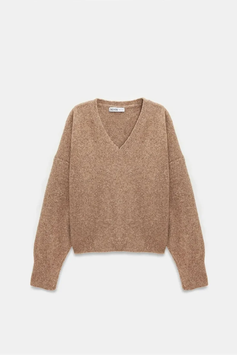 Dilvin Camel Brown DILVIN Women's V-neck Ribbed Knit Sweater for Women | Best Price UAE
