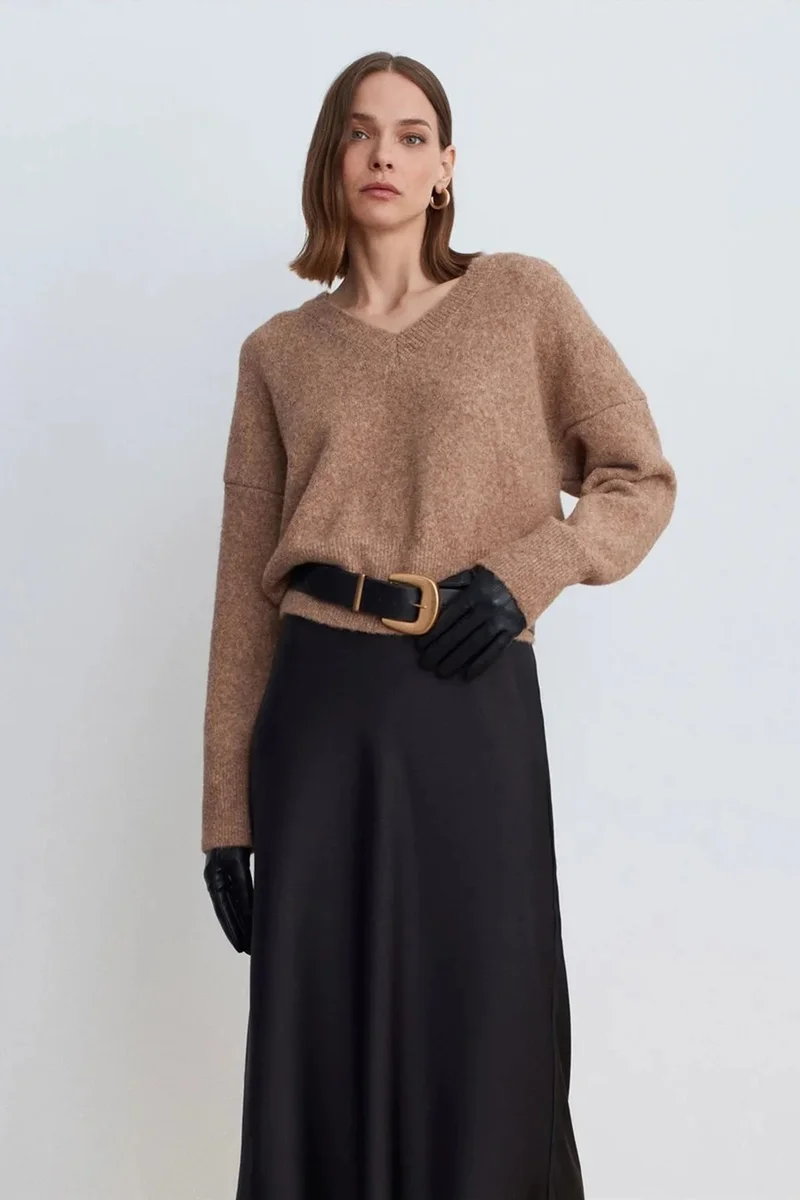 DILVIN Women's V-neck Ribbed Knit Sweater