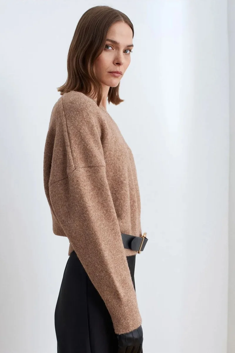 Dilvin Camel Brown DILVIN Women's V-neck Ribbed Knit Sweater for Women | Best Price UAE