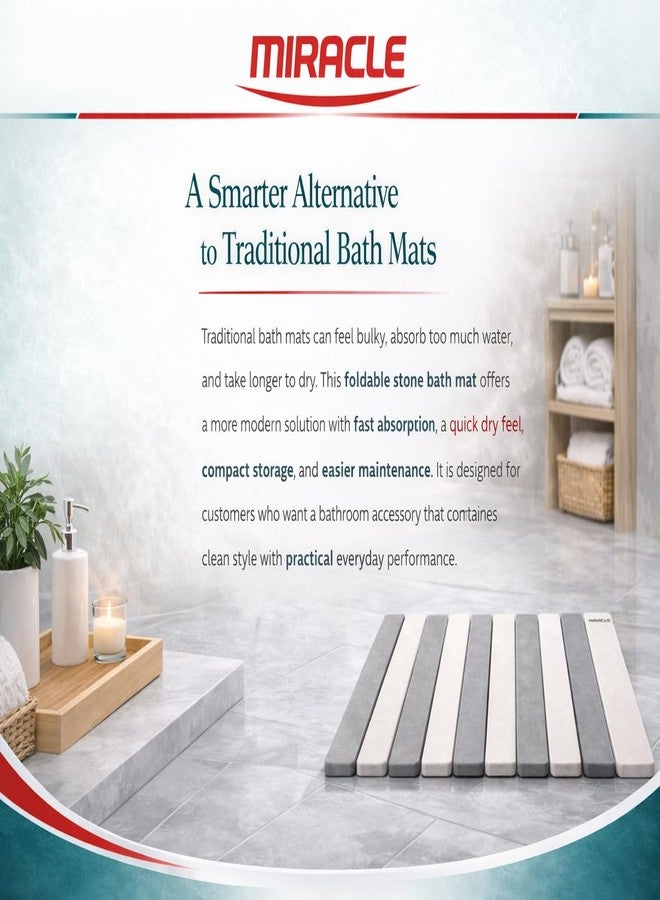 Miracle Foldable Stone Bath Mat 23.6 x 15.5 Inch Diatomaceous Earth Ultra Dry Water Absorbing Bathroom Shower Mat Non Slip Compact Easy Clean Grey and White MIRACLE - Image 4
