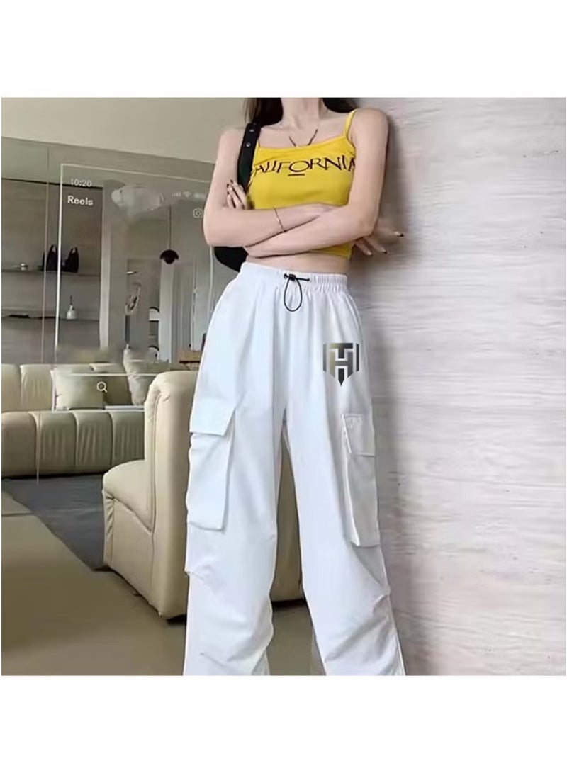 Huitich Women's Retro Wide-Leg Workwear Pants High Waist, Quick-Dry, White Size L  - Image 3