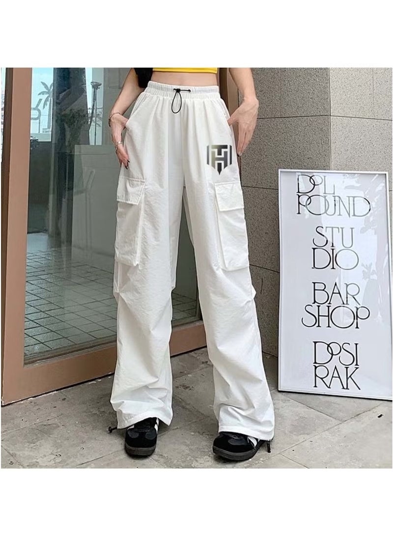 Huitich Women's Retro Wide-Leg Workwear Pants High Waist, Quick-Dry, White Size L  - Image 4