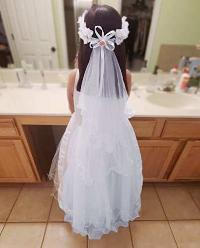 Bienvenu Girls First Communion White Floral Wreath Wedding Veil,WhitePink - Image 3
