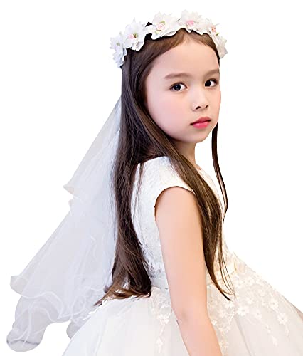 Bienvenu Girls First Communion White Floral Wreath Wedding Veil,WhitePink - Image 4