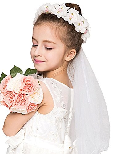 Bienvenu Girls First Communion White Floral Wreath Wedding Veil,WhitePink - Image 1