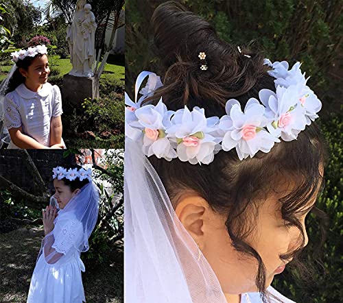 Bienvenu Girls First Communion White Floral Wreath Wedding Veil,WhitePink - Image 2
