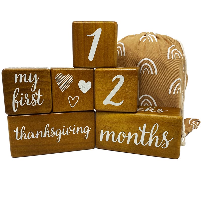 Pondering Pine Baby Milestone Blocks - Natural Brown Stain Pine Wood with Weeks Months Years Grade and Holidays, Newborn Weekly Monthly First Year Picture Props, 6 Block Milestones Age Set with Bag - Image 1